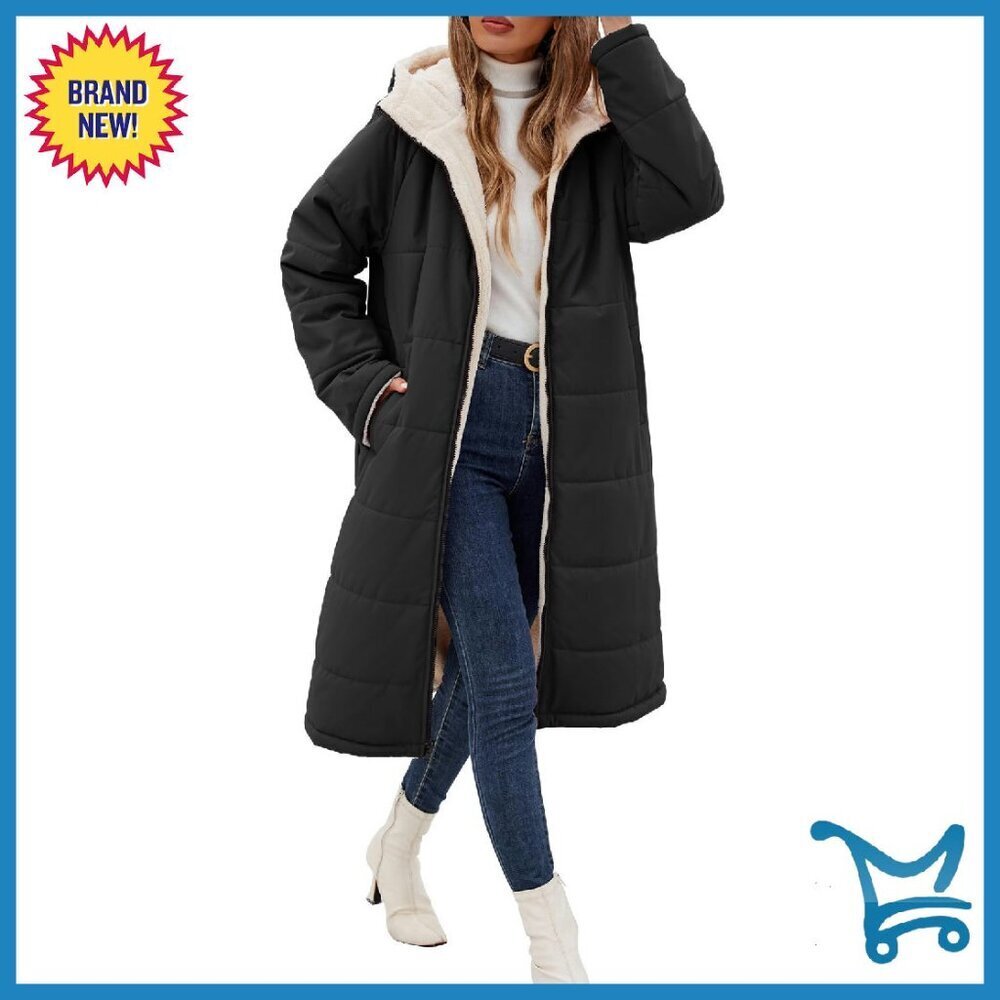 Long Fleece Lined Puffer Jacket with Hood Reversible Winter Coat